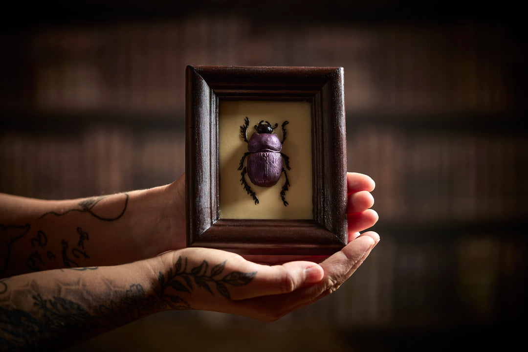 chocolate dung beetle in chocolate frame held in hands