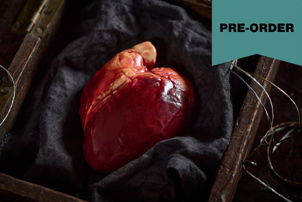 A realistic red and brown anatomical heart made of chocolate prop displayed on dark fabric inside a wooden box, with a teal 'PRE-ORDER' label in the top right corner.