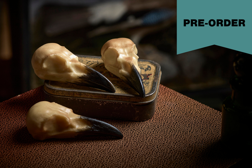 Three chocolate bird skull sculptures displayed on and around a vintage metal tin, set on a textured brown surface with a dark, moody background. A teal 'PRE-ORDER' banner is visible in the top right corner.