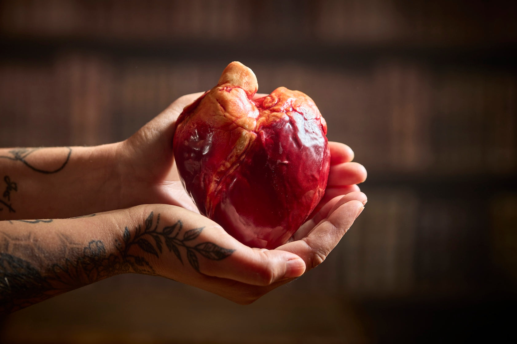 A person's tattooed hands holding a realistic, chocolate glossy red model of a heart against a dark, blurred background.