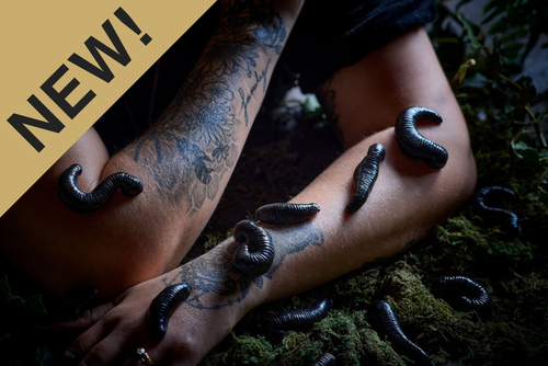 Black chocolate leaches on a person's leg with a 'NEW!' label in the corner. Styled to look real by the Edible Museum. 